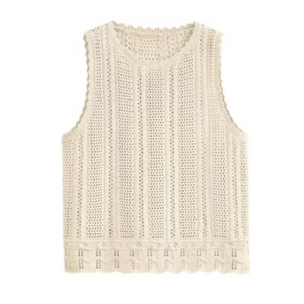 Beige Knit Tank Crochet Boho Summer Beach Coastal Festival Resort Cover Up Top